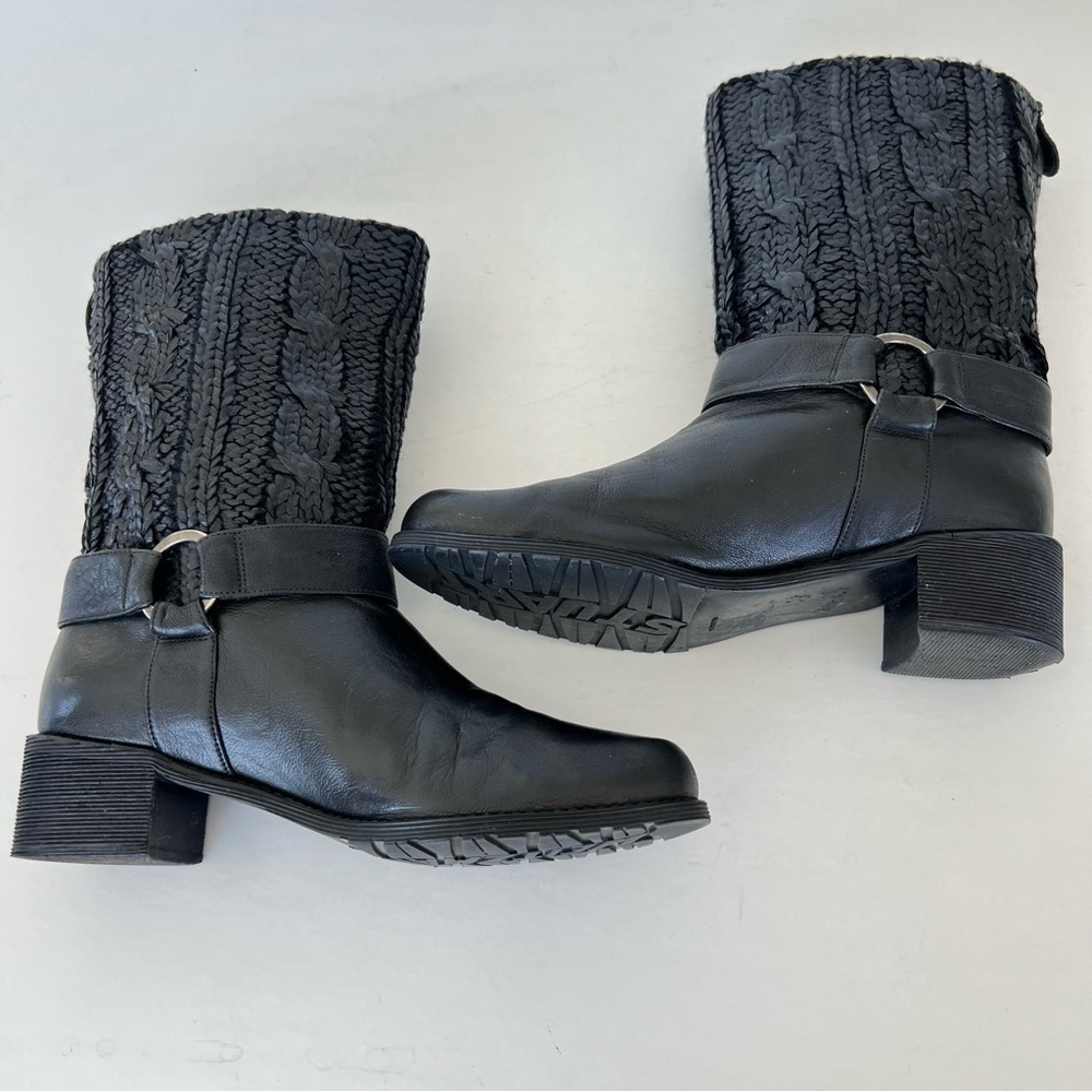 ♦️SOLD♦️STUART WEITZMAN Charcoal Black Leather Coated Knit Moto Mid Calf Boots - Picture 9 of 15